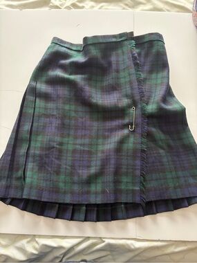 Plaid Wrap Mini Skirt in Green & Blue with Safety-Pin Accent